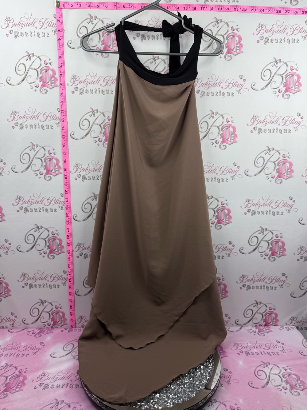Dress halter flowy Sleeveless Taupe A-Line Dress with Black Neckline brown
